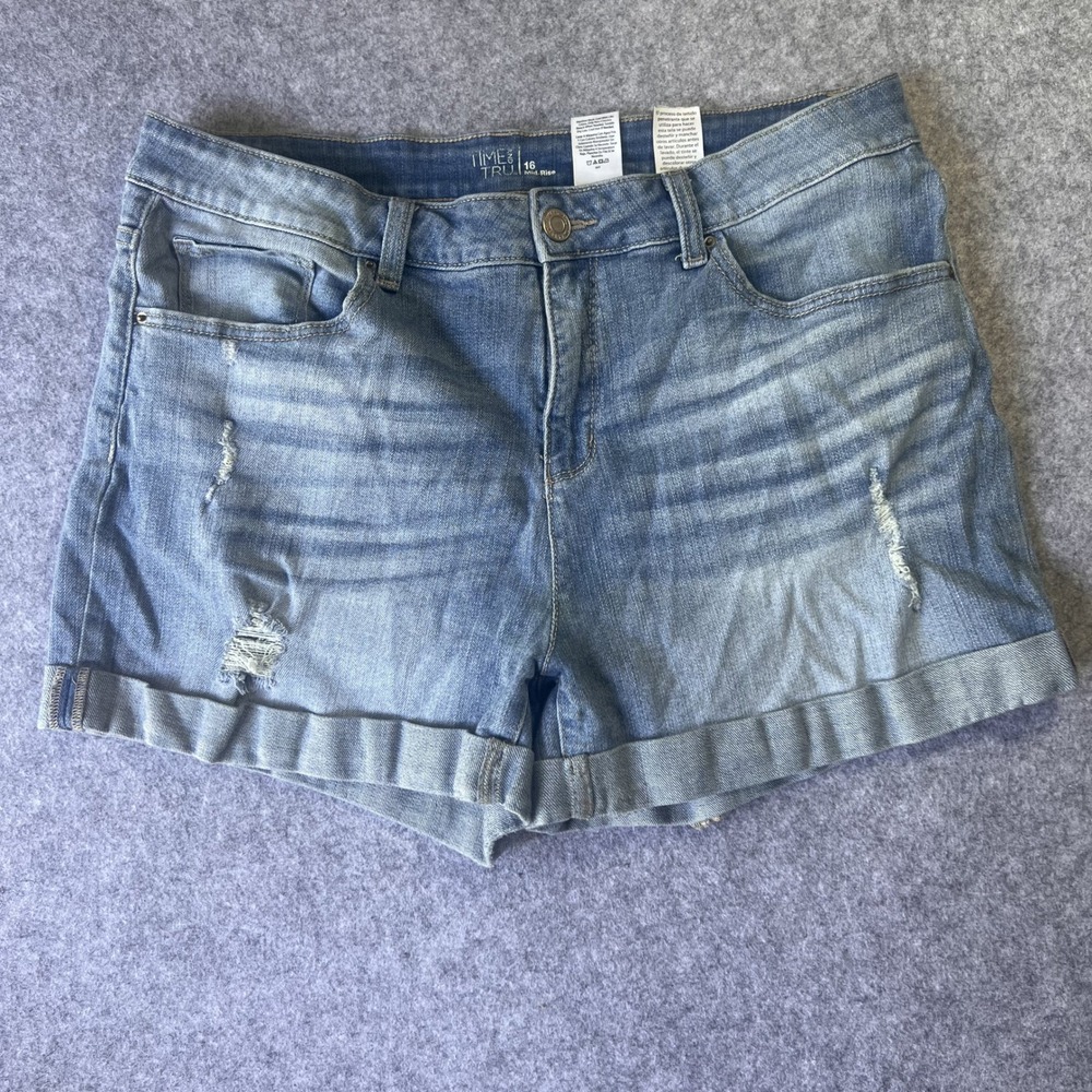 Time and Tru Mid-Rise Denim Shorts 16 Blue Distressed Cotton Blend